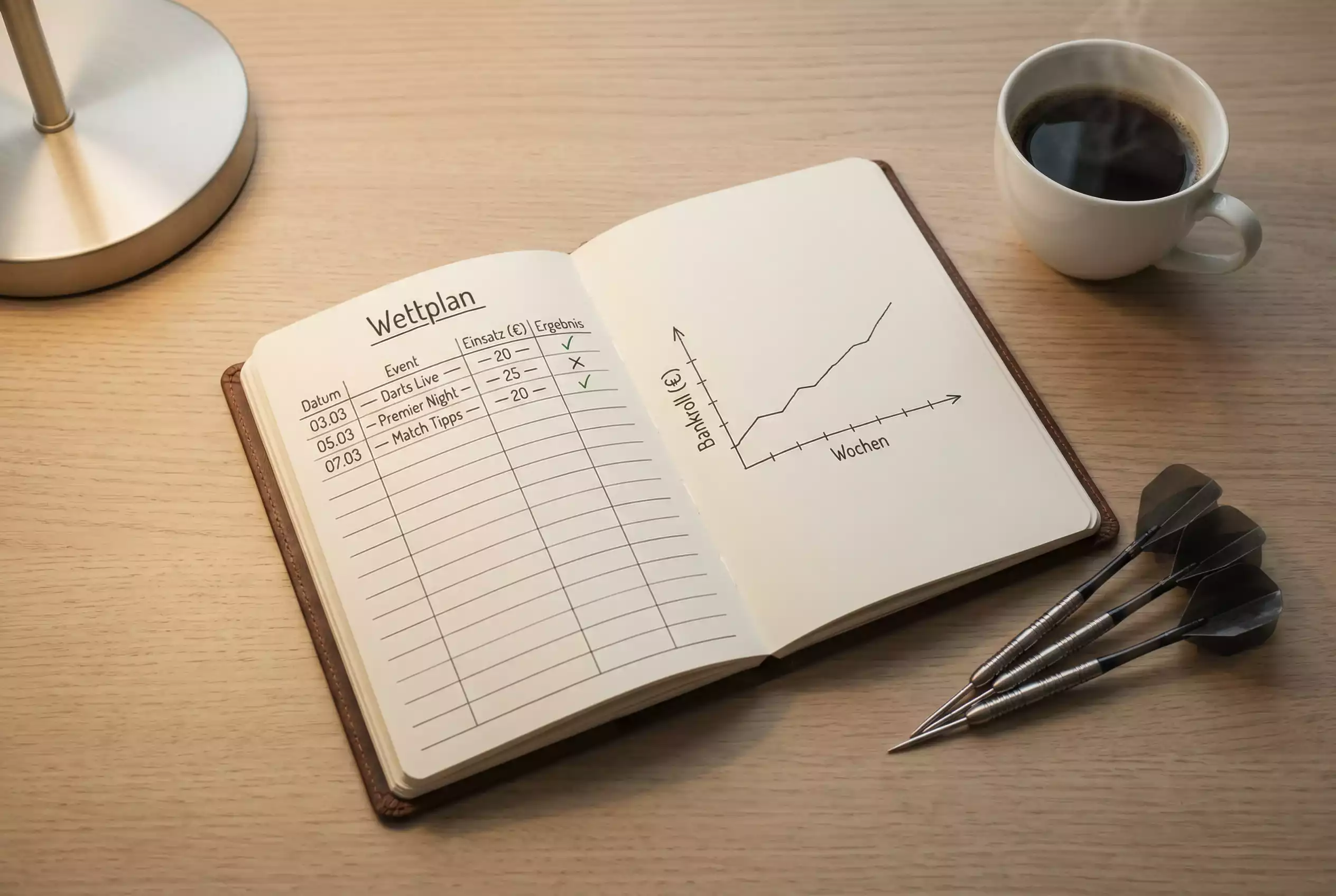 Notizbuch mit handgeschriebenem Wettplan und Staking-Strategie neben einem Dartpfeil