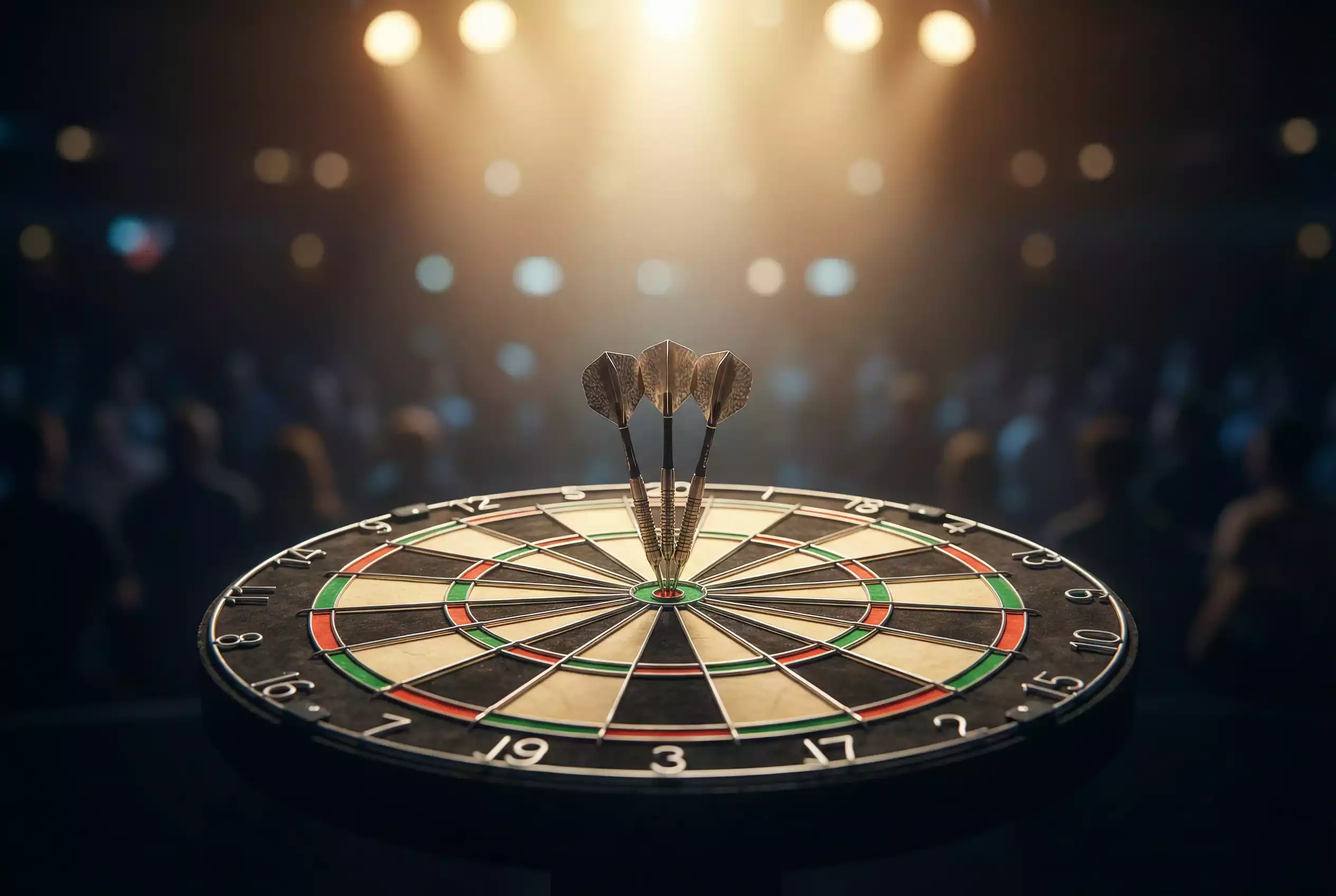 Darts-Board auf einer Profi-Buehne mit Scheinwerferlicht