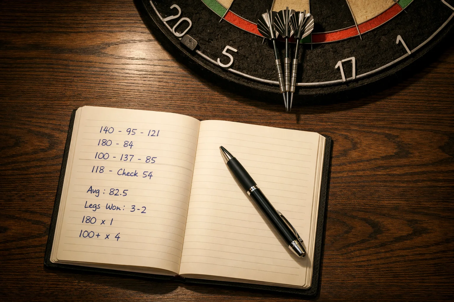 Darts-Statistiken für Wetten — Dartscheibe mit Pfeilen im Triple-20-Segment und Notizbuch