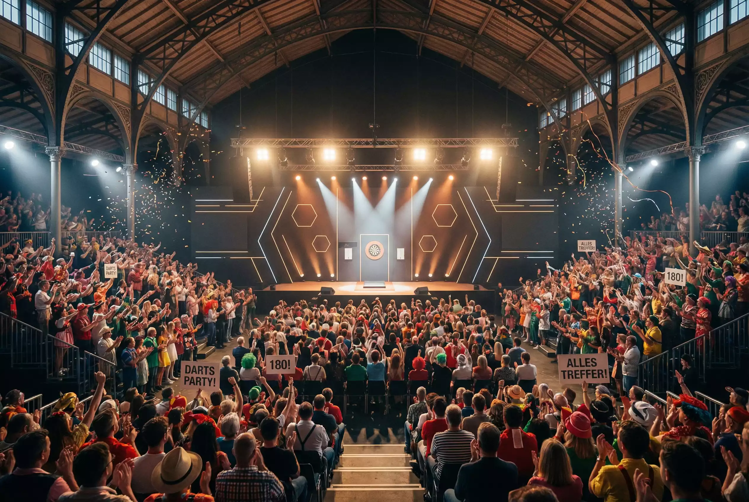 Volle Zuschauertribuene beim PDC World Darts Championship im Alexandra Palace