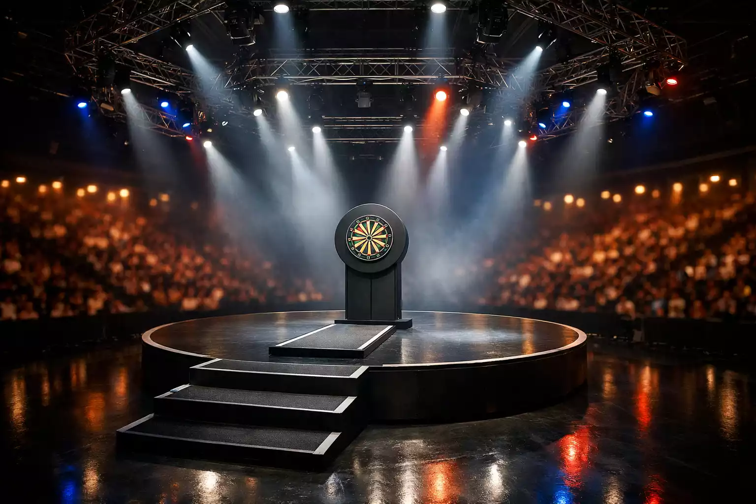 PDC-Turniere und Wetten — Dartbühne im Alexandra Palace mit Publikum und Scheinwerfern